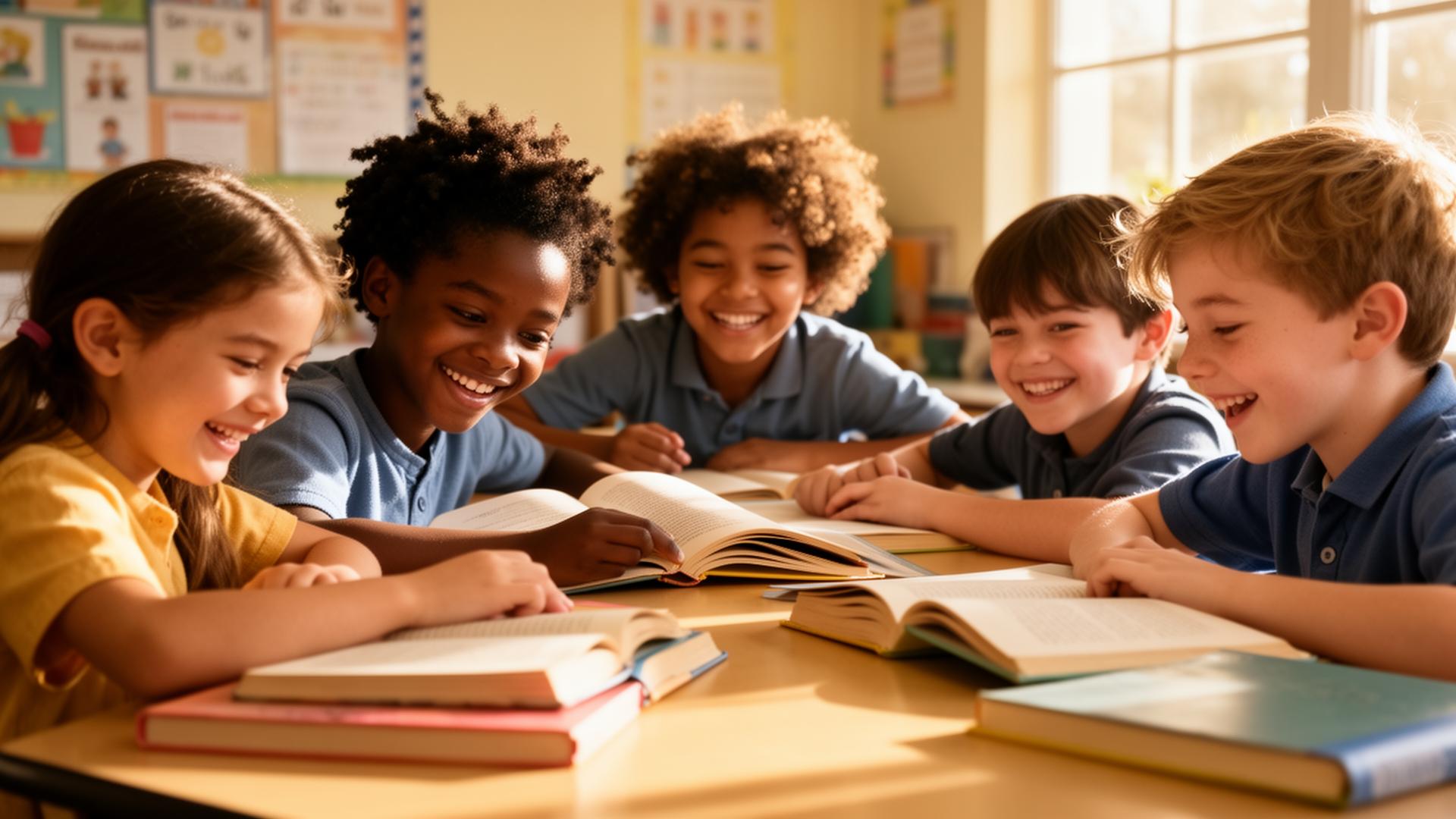 Small group of elementary students working with books in a warm, sunlit classroom